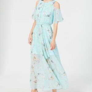 (last chance) Blue Calvin Klein Floral-Print Cold-Shoulder Maxi Dress